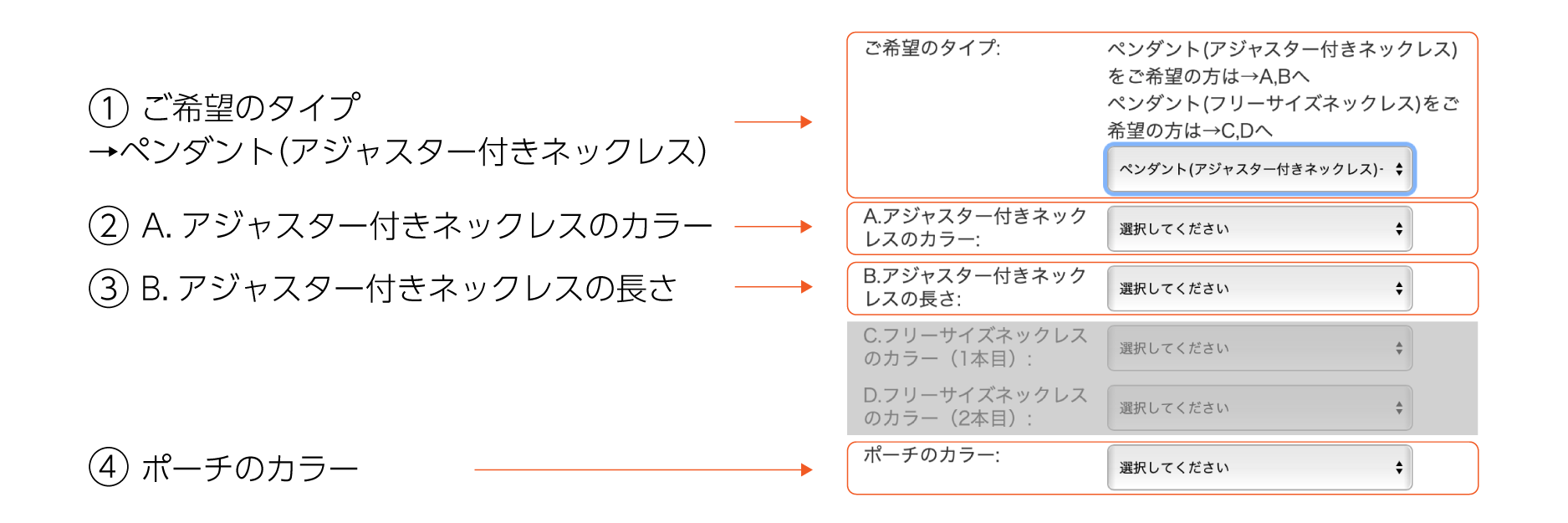 アジャスター付きコットンネックレス選択方法